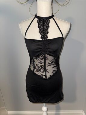 Black Lace Halter Chemise Slip